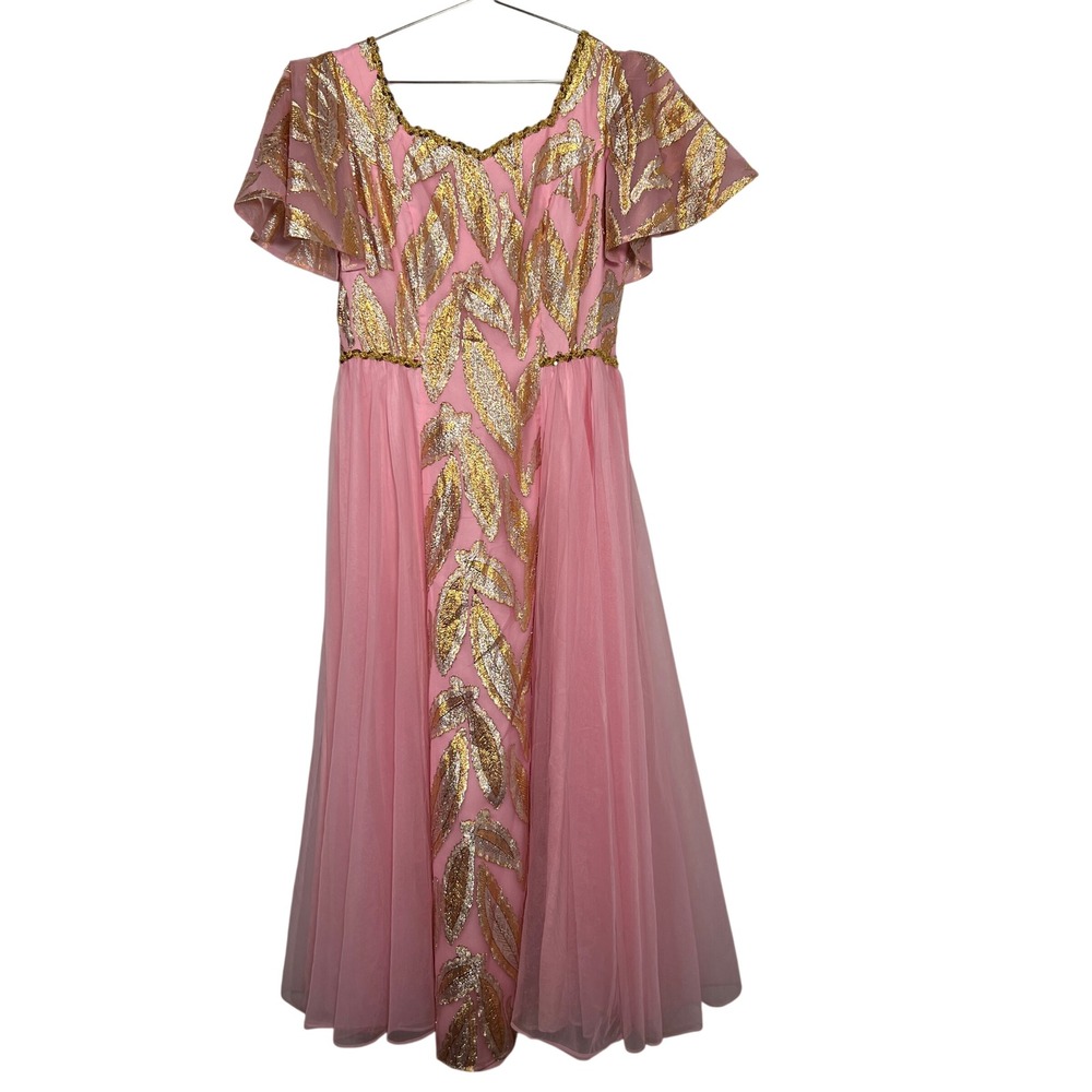 Vintage‎ Princess Peach Dress Pink 1960s Gold Leaf Chiffon Formal Prom Gown